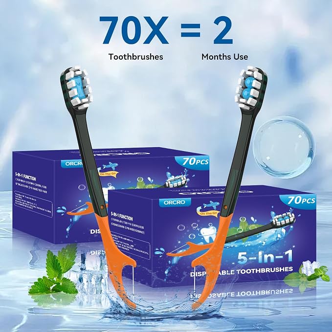 70Pack Disposable Toothbrushes with Toothpaste Pick Floss & Tongue Scraper | 5-in-1 Mini Prepasted Travel Toothbrush for Hotel Camping Flight Car Single Use Portable Individually Wrapped | Mint