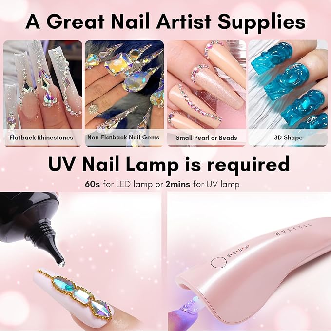 Makartt Nail Rhinestone Glue for Nails: 60ML Super Strong Gel Glue | for Rhinestones, 3D Art Charm Decorations Bling Gem Bow Jewels Crystals Beads Diamonds Pearls, Beauty Gift, UV Lamp Need