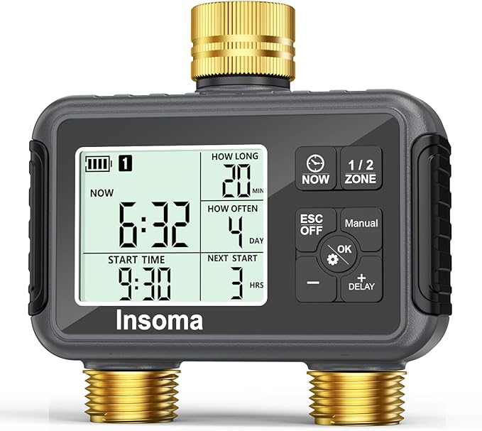 Insoma Water Timer with Brass Inlet & Outlet, 2 Independent Zones Outdoor Hose Timer for Garden Faucet with Auto/Manual/Rain Delay Mode, Sprinkler Irrigation Controller for Yard Lawn