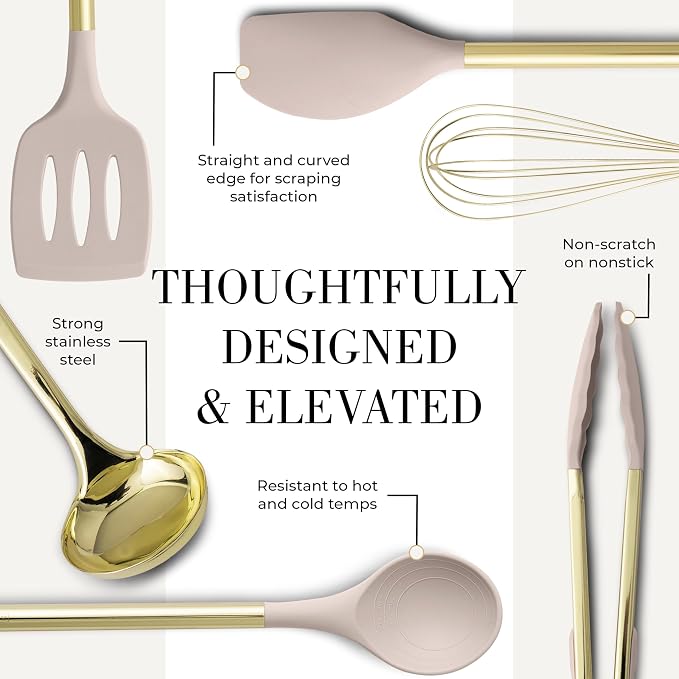 7-Piece Beige & Gold Kitchen Utensils Set – Non-Toxic Silicone & Stainless Steel Tools for Cooking, Serving, & Hosting – Ideal for Nonstick Cookware & Modern Kitchens, with Gold Utensil Holder