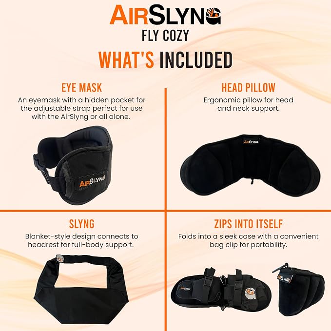 2 Pack 3-in-1 Airplane Sleep Support System - Plane Sleeping Accessories with Memory Foam Long Haul Flight Pillow, Adjustable Travel Eye Mask, and Blanket-Like Body Sling - Fits in Carry On