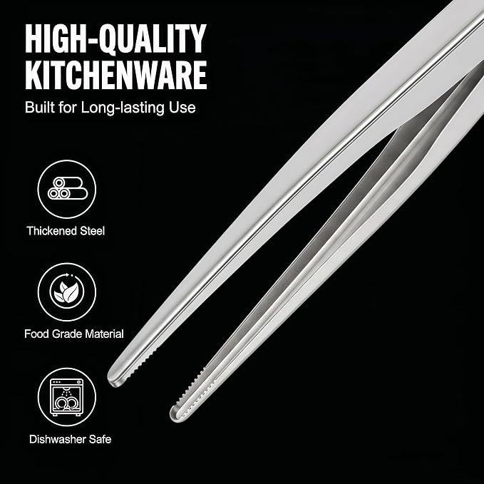 Stainless Steel Tongs 2-Pack, 11-inch Pull-Ring Locking Cooking Tongs with Non-Slip Precision Serrated Tips, Food Grade Heavy Duty Grill Tongs for BBQ, Air Fryer, Bacon, Steaks, Cooking