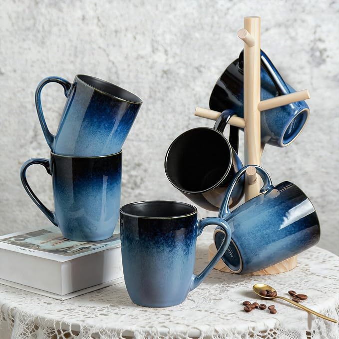 MONITO 14oz Ceramic Coffee Mugs Set of 6,Ice-Snow Blue Mugs with Handle | Perfect for Latte, Cappuccino, Tea & Cocoa, Ideal Reusable Drinking Cups for Home, Kitchen & Office Daily Use