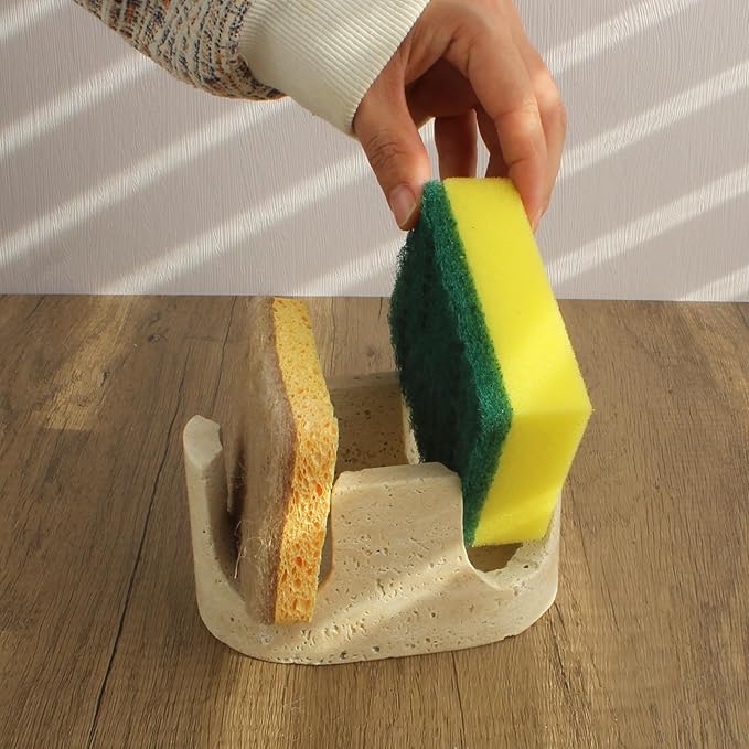 Nawgnail Natural Travertine Marble 2-Slot Sponge Holder for Kitchen Counter, 2-in-1 Stone Drying Rack, Sponge Caddy for Sink Organizer - Beige Travertine