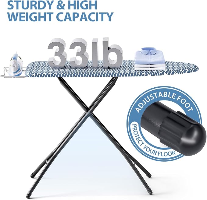 KINGBOARD Foldable Ironing Board Full Size, Iron and Ironing Board Set Standard Size, Iron Boards with Ironrest & Adjustable Height,Heavy Duty Iron Table Stand with Metal Legs &Thick Cover,43x13 Blue