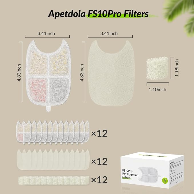 Cat Water Fountain Filter,12 Pack FS10PRO Cat Fountain Filter Replacement, 12 PCS Filters & 12 PCS Sponge Set for Stainless Steel Cat Dispenser,6 Layer Filters for Pet Fountain