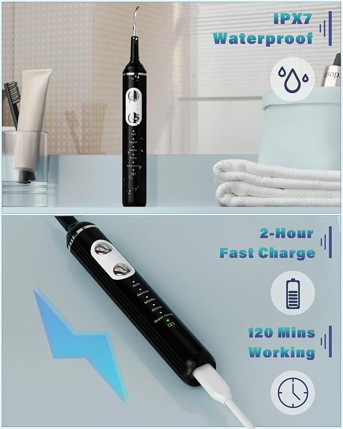Plaque Remover for Teeth, Dental Cleaning Kit Tartar Remover for Teeth with LED Light & 5 Modes, Rechargeable Dental Cleaner, 4 Replaceable Heads