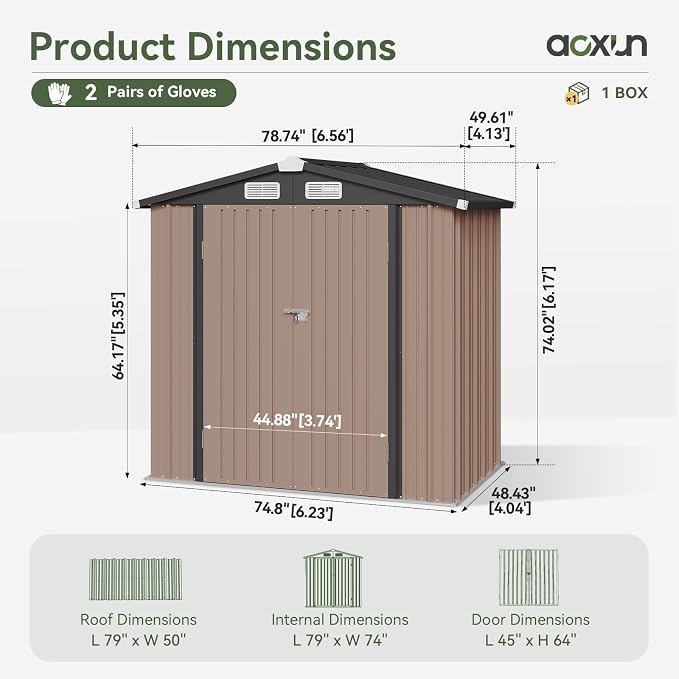 Aoxun 6'x4' Outdoor Storage Shed with Base, Brown | Metal Shed with Lockable Doors & Slooping Roof Garden Tool Shed for Backyard, Patio, Poolside