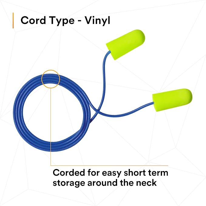 3M Ear Plugs, E-A-Rsoft Yellow Neons 311-1250, 200 Pair of Disposable Earplugs, Pairs Individually Wrapped, Regular Size, Corded, 33 NRR, Tapered Cylinder Shape, Slow Recovery Foam