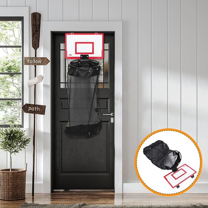 Wooden Basketball Hoop over Door Laundry Hamper Basket | Red Wood Backboard, Mesh Net and Iron Frame, Foldable Hanging Bag with Self Adhesive Hook for Laundry Room or Nursery