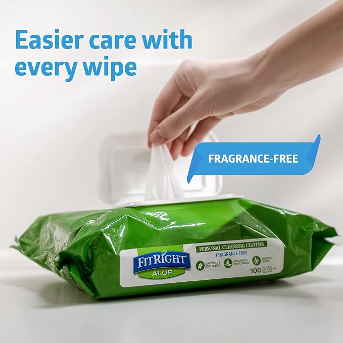 FitRight Personal Cleansing Wipes with Aloe 8x10 Unscented 600 Count | Moisturizing Body Wipes for Adults, Incontinence Cleaning, Cloth Wipes for Elderly Care & Bathing