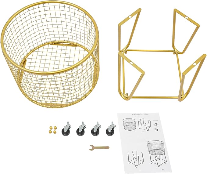 Rolling Laundry Basket with Wheels, Round Metal Mesh Wire Laundry Hamper, Large Capacity Dirty Clothes Basket, Versatile Portable Storage Basket for Home, 17"×11.8"×25.6" (Gold-Round)