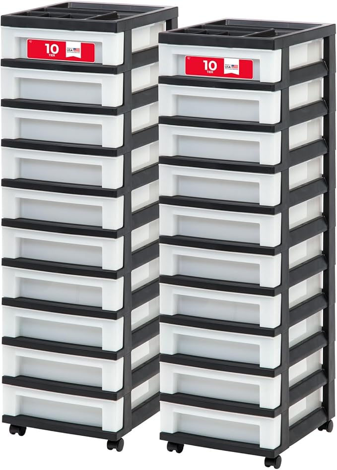 IRIS USA Plastic Drawer Storage Organizer Rolling Cart, 2-Pack, with Wheels Casters, 10-Drawers, for Classroom Art Craft Supplies Dresser Closet Bathroom Laundry Room, Black/Pearl