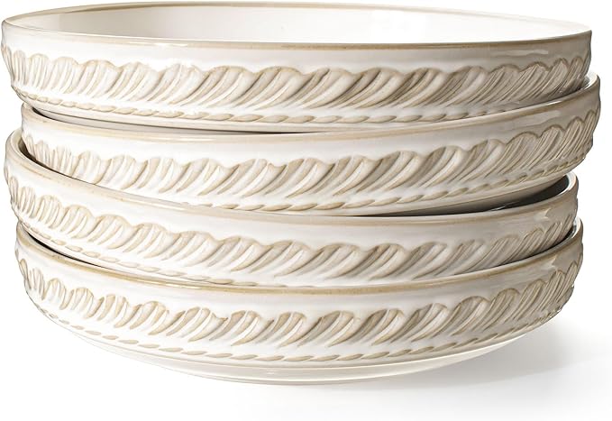 Artena Pasta Bowls, 50oz Large Salad Serving Bowls, 9.75'' Plates Bowls Set of 4, Big White Ceramic Soup Bowls for Kitchen, Embossment Shallow Dinner Bowl, Microwave Dishwasher Safe, Willow Leaf
