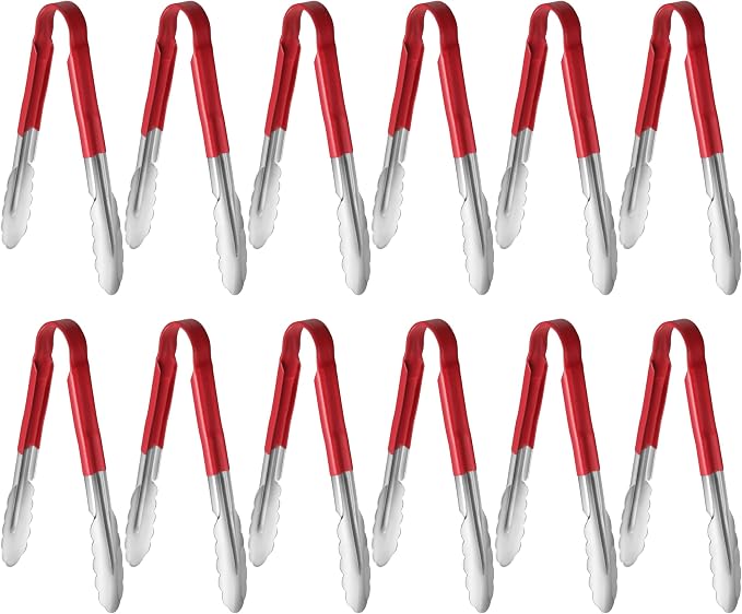 New Star Foodservice 35872 9-Inch Utility Spring Tongs, Stainless Steel, Vinyl Coated, Set of 12, Red