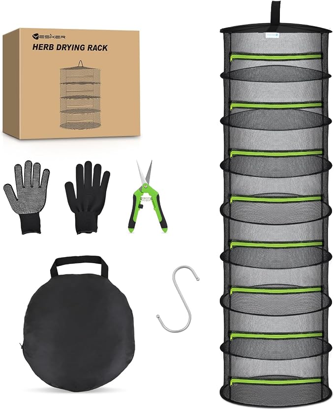 Yesker 8 Layer Herb Drying Rack Hanging Mesh Foldable Plant Drying Racks 24" w Green Zipper Pruning Shears Gloves Dryer Hanging Rack for Herbs Seed Bud Fruit Clothes Grow Tent Closets Garden Outdoor | 24" w Green Zipper Pruning Shears Gloves Dryer Hang...