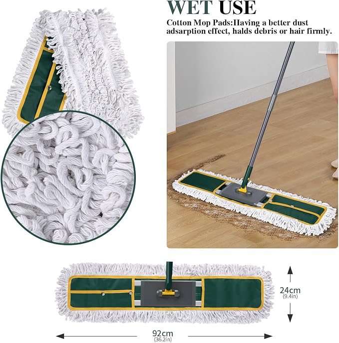 Masthome 36" Commercial Dust Mop, 60" Telescopic Handle Heavy Duty Floor Mop, Wet Dry Industrial Mop with 3 Reusable Pads for Hardwood Marble Laminate Tile, Home Gym Office Use