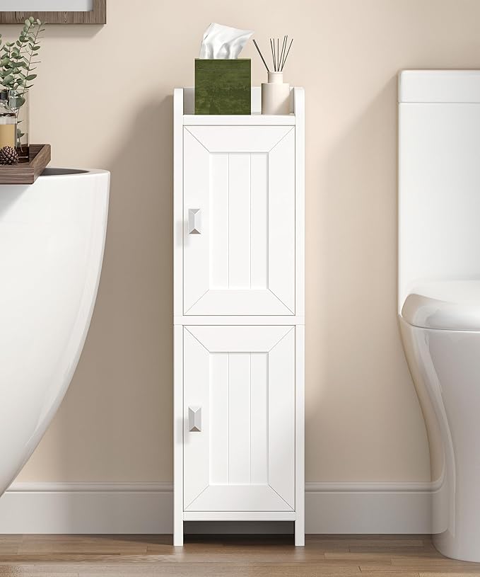 Akxomel Small Bathroom Cabinet Narrow Toilet Paper Organizer White | 7.9''D x 7.9''W Bathroom Organizer and Storage Cabinet for Small Space, Slim Corner Unit with Adjustable Shelf