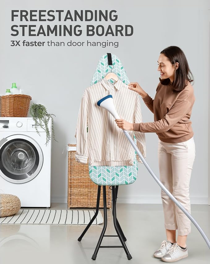 LyriFine Ironing Board, 2-in-1 Ironing and Steaming Board, 14″ x 43″ | Upgraded Iron Board with Iron Rest, Sturdy Steel Frame Iron Board with Non-Slip Feet, Ironing Board Full Size & Hook, Green