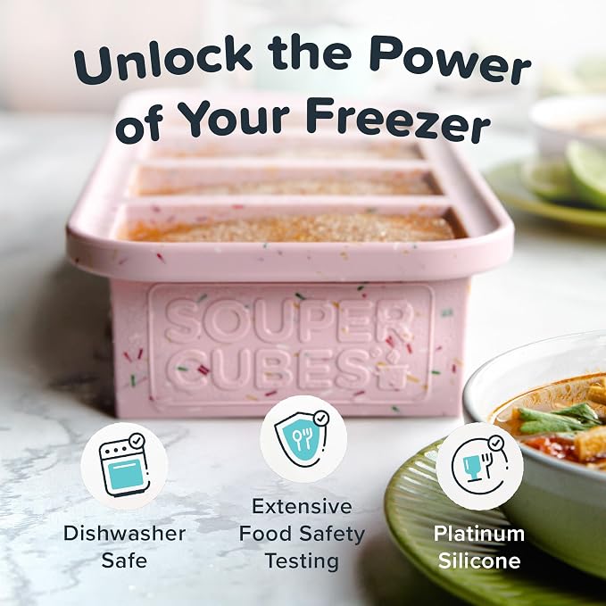 Souper Cubes 1 Cup Silicone Freezer Trays with Lids, Cotton Candy, 2-Pack | 100% Platinum-Cured Silicone Freezer Cubes, Oven and Microwave Safe, Perfect for Freezing Soup, Protein, Grains and More