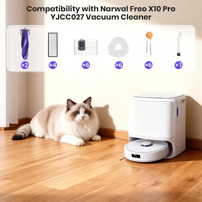 Replacement Accessories for Narwal Freo X10 Pro / YJCC027 Vacuum Cleaner, 2 Main Brushes & 6 Mop Cloth &4 HEPA Filter & 6 Dust Bags & 6 Side Brush & 1 Cleaning Brush