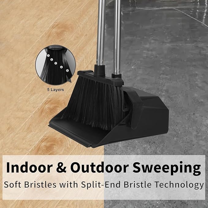 Tiumso Upgrade Broom with Dustpan Combo Set, Broom and Dustpan Set with 51'' Long Handle, Large Upright Brooms and Dust Pans, ZeroGap Lip, Self-Cleaning Dustpan Teeth for Lobby and Restaurant - Black