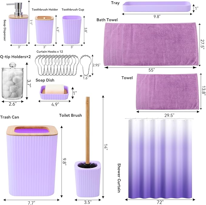 XLHOMO Purple Bathroom Accessories Set, 24PCS Bathroom Accessory Set with Shower Curtain, Bath Towels, Trash Can, Soap Dispenser, Purple Bathroom Accessories for Home