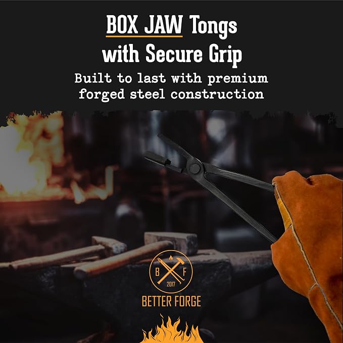 Box Jaw Blacksmith Tongs (16", Black) - Blacksmith Tools and Forging Tools for Beginner & Professional Blacksmithing - Durable Steel, Ergonomic Grip and Versatile