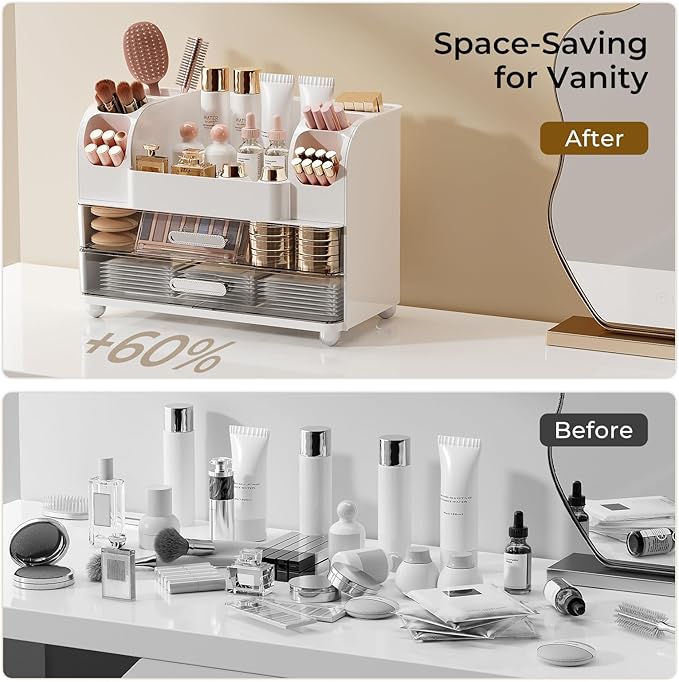 UFORU Makeup Organizer for Vanity with 2 Large Drawers, Cosmetic Display Case with Brush Holders, Easy to Storage for Bathroom Countertop Skincare, Perfume, White
