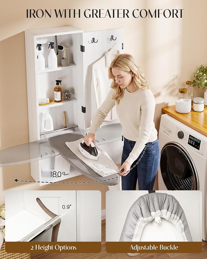 Wall Mounted Ironing Board Cabinet with Storage, White | Folding Ironing Board Cabinet with 180° Swivel Heat-Resistant Cover Pad for Laundry Room Apartment Small Space, Space-Saving