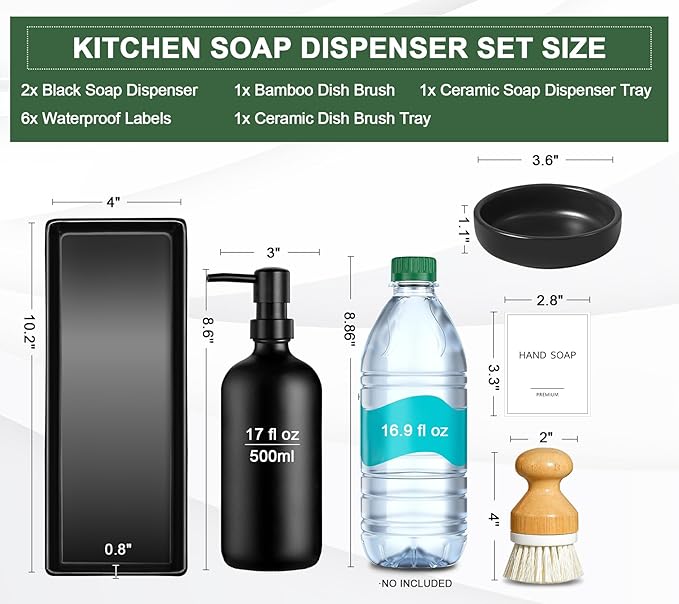 GMISUN Kitchen Soap Dispenser Set, 17 fl oz Dish Soap Dispenser with Ceramic Tray & Bamboo Brush for Kitchen, 2Pcs Matte Black Glass Hand and Dish Soap Dispenser Set, Refillable Soap Bottle Set