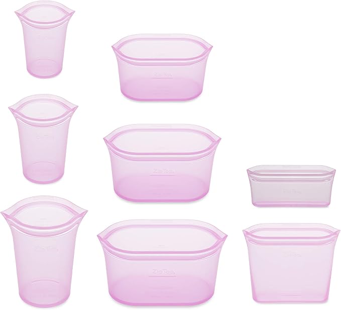 Zip Top Reusable Food Storage Containers Full Set of 8 Lavender – Platinum Silicone Cups, Dishes & Bags – Microwave, Dishwasher & Freezer Safe – Made in USA, BPA-Free