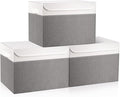 Bagnizer Large 17" 42 Quarts Collapsible Stackable Storage Bins with Lids [3-Pack] Foldable Fabric Linen Storage Boxes Cube, Closet Organizer Baskets with Label (16.7 x 12 x 12, Gray & White)