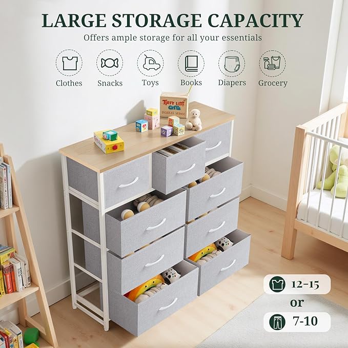 9-Drawer Dresser for Bedroom, Anti-Tip Tall Storage Organizer Chest of Drawers with Wooden Top and Metal Frame Fabric Bins for Closet, Living Room, Hallway, Entryway, Light Gray