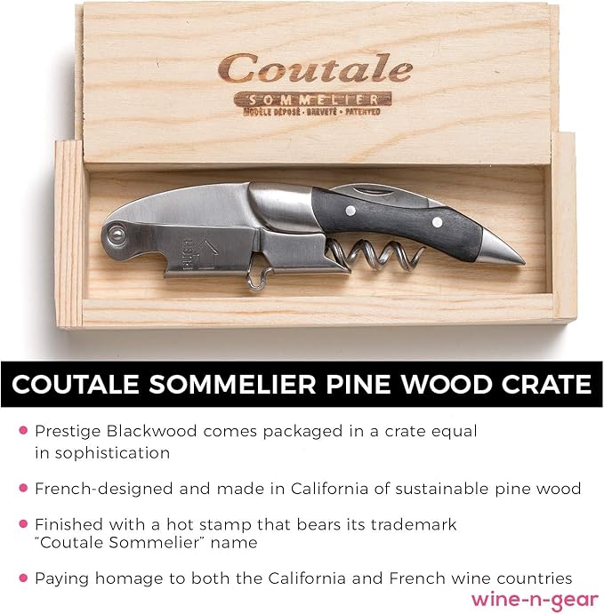 Prestige Waiters Corkscrew By Coutale Sommelier - Blackwood - Handmade and Sustainable Pinewood Crate - French Patented Spring-Loaded Double Lever Wine Bottle Opener for Bartenders and Gifts