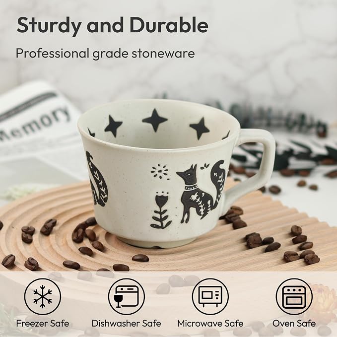11 oz Ceramic Coffee Mug, Stoneware Teacup with Handle | Small Novelty Unique Cup for Tea Mocha Latte Cappuccino, Microwave Dishwasher Safe (Set of 4, Fox and Bear)