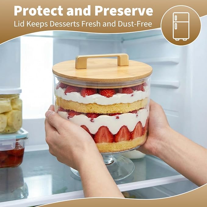 Trifle Bowl with Pedestal and Lid, 70oz - Crystal Clear Glass, Wood Lid with Convenient Handle and Sealing Ring, for Laying Layered Dessert, Ice Cream and Cake, Ideal for Party Displays
