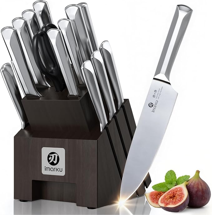 imarku 16-Pieces High Carbon Japanese Stainless Steel Knife Set with Block | Kitchen Knife Set|15°Precision Edge |56±2 HRC Hardness|Built-in Sharpener|Ergonomic Handles|Gifts Mom & Dad