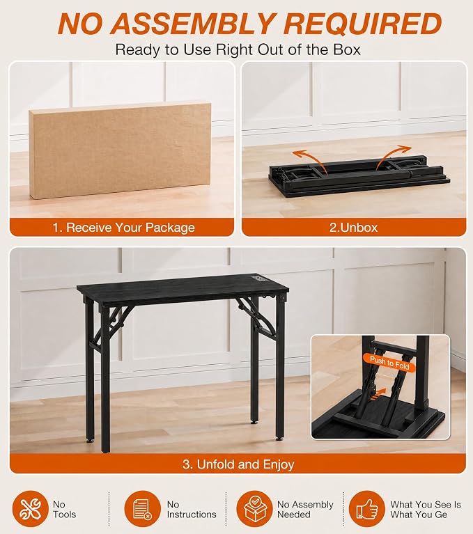 XBurmo Small Folding Desk Folding Table, No Assembly Foldable Desk Gaming Desk, 35.8-Inch Computer Table Workstation with 2 AC Outlets and 2 USB Ports for Bedroom and Home Office, Dark Oak