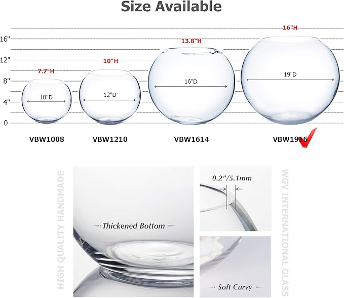 WGV Large Bowl Glass Vase, Diameter 19", Height 16", (Multiple Sizes Choices) Clear Huge Round Bubble Vase Jar, Floral Planter Terrarium for Wedding Event Home Decor, 1 Piece (VBW1916)
