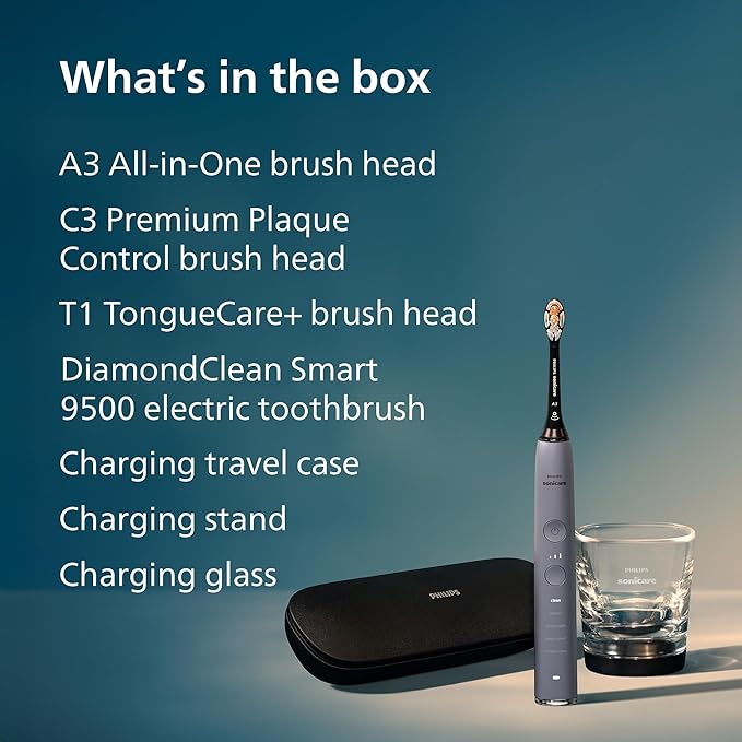 Philips Sonicare DiamondClean Smart 9500 Electric Toothbrush - Sonic Toothbrush with App, Pressure Sensor, 15 Brushing Settings, Replacement Reminder, USB Charging Travel Case, Grey, Model HX9923/41