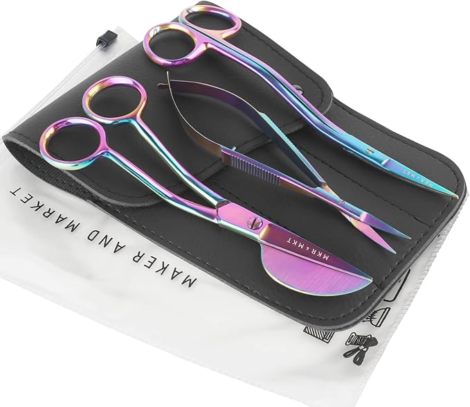 Premium Embroidery Scissors Set of 3 Kit - Double Bent Offset Duckbill, Spring Action Curved Blade and Double Bend Long Applique Needlepoint with Pouch Sleeve (Rainbow)