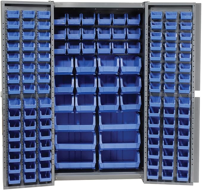 Global Industrial Deep Door Bin Cabinet, Includes 132 Blue Plastic Bins | Padlockable Steel Cabinet, 38"W x 24"D x 72"H, For Tool and Parts Storage, Assembly Required
