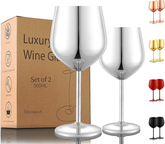 UNISWEET Unbreakable Stainless Steel Wine Glasses Set of 2, Silver | 17oz Unique Fancy Metal Wine Goblets, Shatterproof, Ideal for Outdoor, Camping, Travel, Pool, Great Gift for Wine Lovers