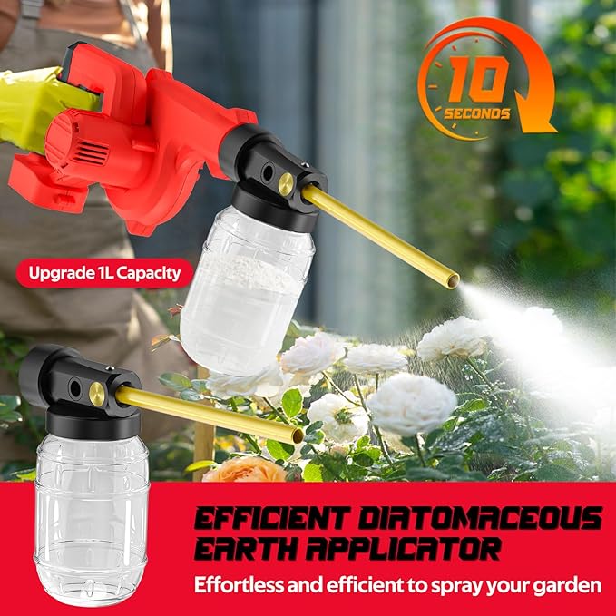 Rozlchar Electric Diatomaceous Earth Duster Compatible for Milwaukee 18V Battery(Tool Only), 1L Capacity Garden Powder Sprayer with 7.5″ Nozzle, Leaf Blower Replacement, Farm & Coop Applicator
