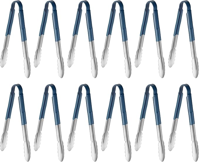 New Star Foodservice 12 Inch Utility Spring Tongs, Set of 12, Commercial Restaurant Grade Stainless Steel Tongs with Blue Vinyl Coated Handles