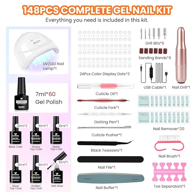 VANREESA 148Pcs Gel Nail Polish Kit with U V Light Almond Nail Tips Nail Drill -60 All Seasons Colors Gel Polish Set with 6Pcs Base Top Coat Gel Nail Kit for Beginners with Everything Gifts for Women