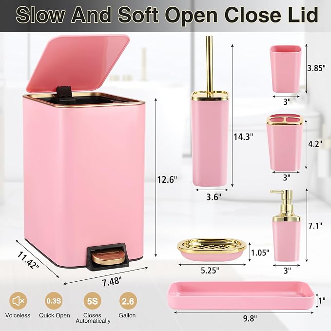 XLHOMO Pink Bathroom Accessories Set 8 Piece Pink and Gold Bathroom Set, Bathroom Sets with Stainless Steel Trash Can,Toilet Brush,Toothbrush Set,Soap Dispenser