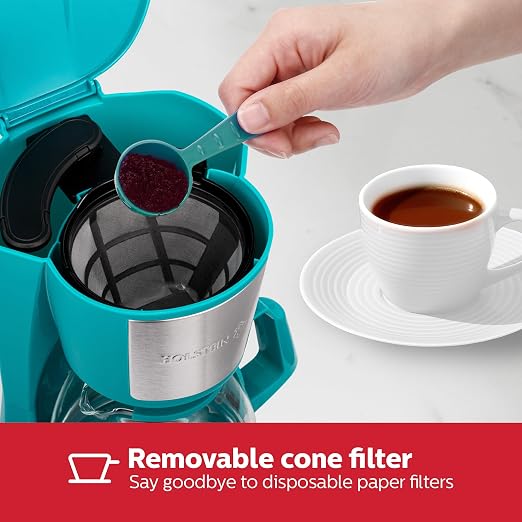 Holstein Housewares 5 Cup Drip Coffee Maker – Compact and User-Friendly with Auto Pause & Serve, Reusable Filter, Measuring Spoon & Glass Carafe, Office & Dorm Use, Teal
