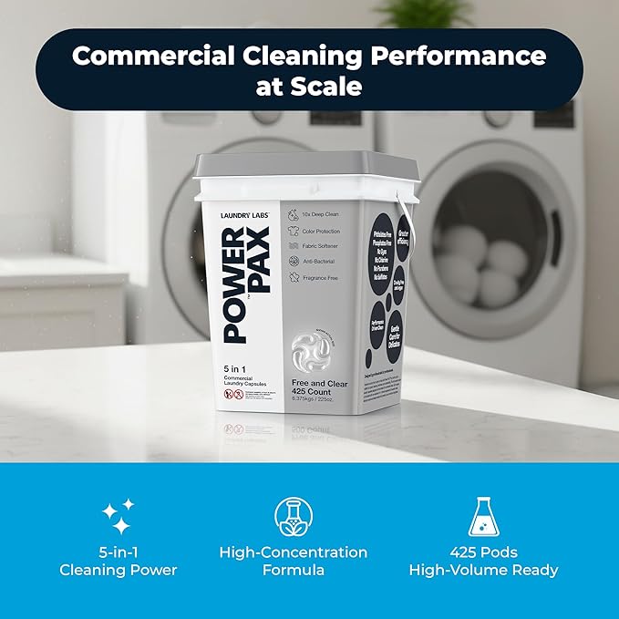 PowerPax 5-in-1 Laundry Detergent Pods - 425 Count, Washer Pods with Stain Remover, Odor Control, Fabric Softener & Color Care for Commercial Laundry - Fresh and Clean
